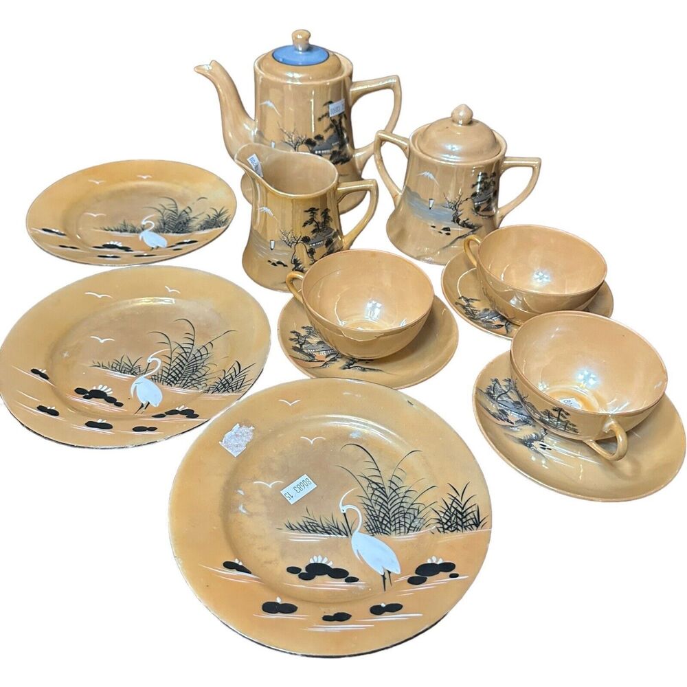 VTG SHOFU Japan Lusterware Tea Set 3 Cup Saucer Plate Pot Sugar Creamer Herring